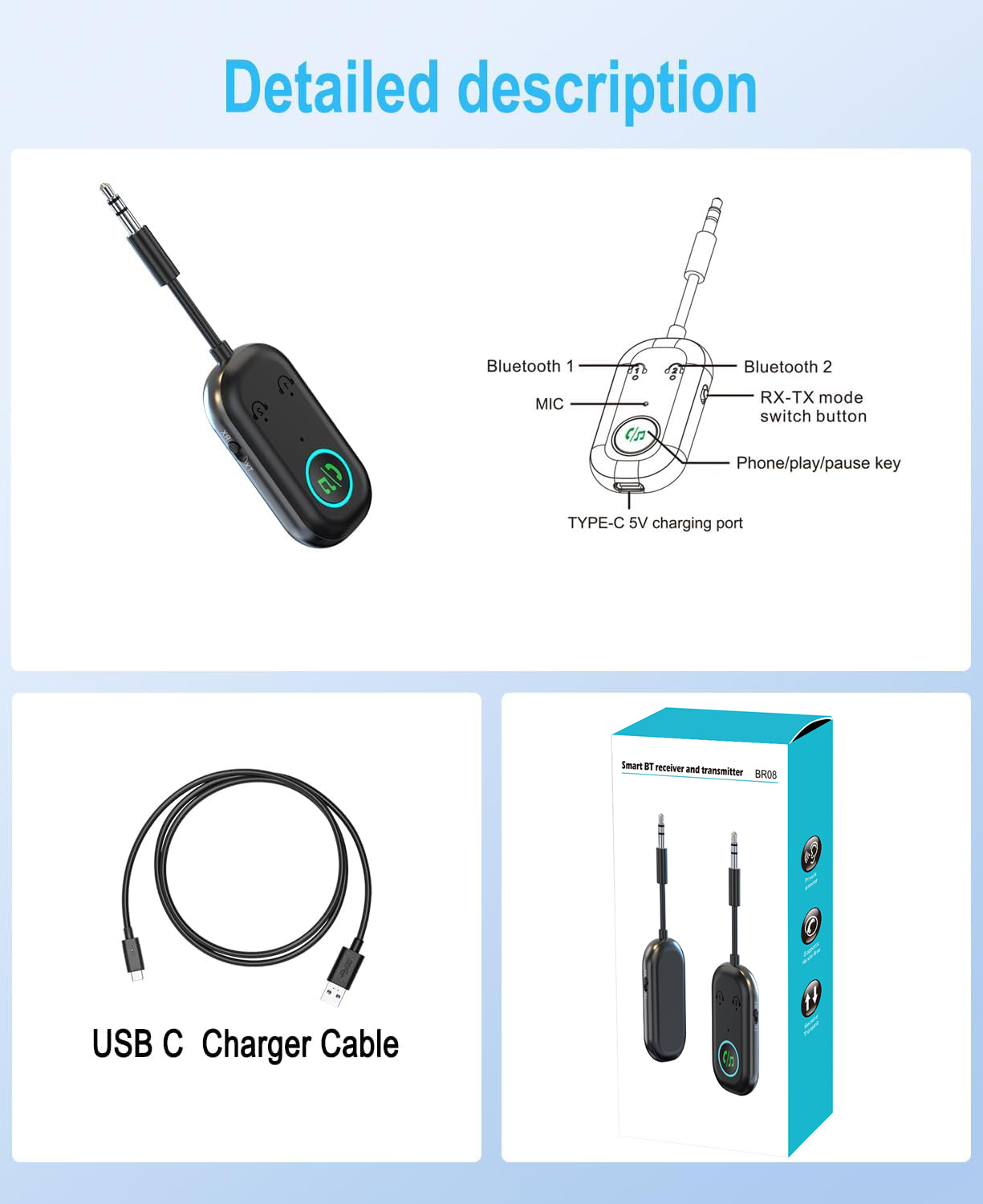 Bluetooth Transmitter Receiver 2-in-1 Adapter, Wireless Bluetooth Audio Adapter for Airplane, TV, Car, Headphones, 3.5MM Aux, Dual Pairing & Hands-Free Calling - 图片 3