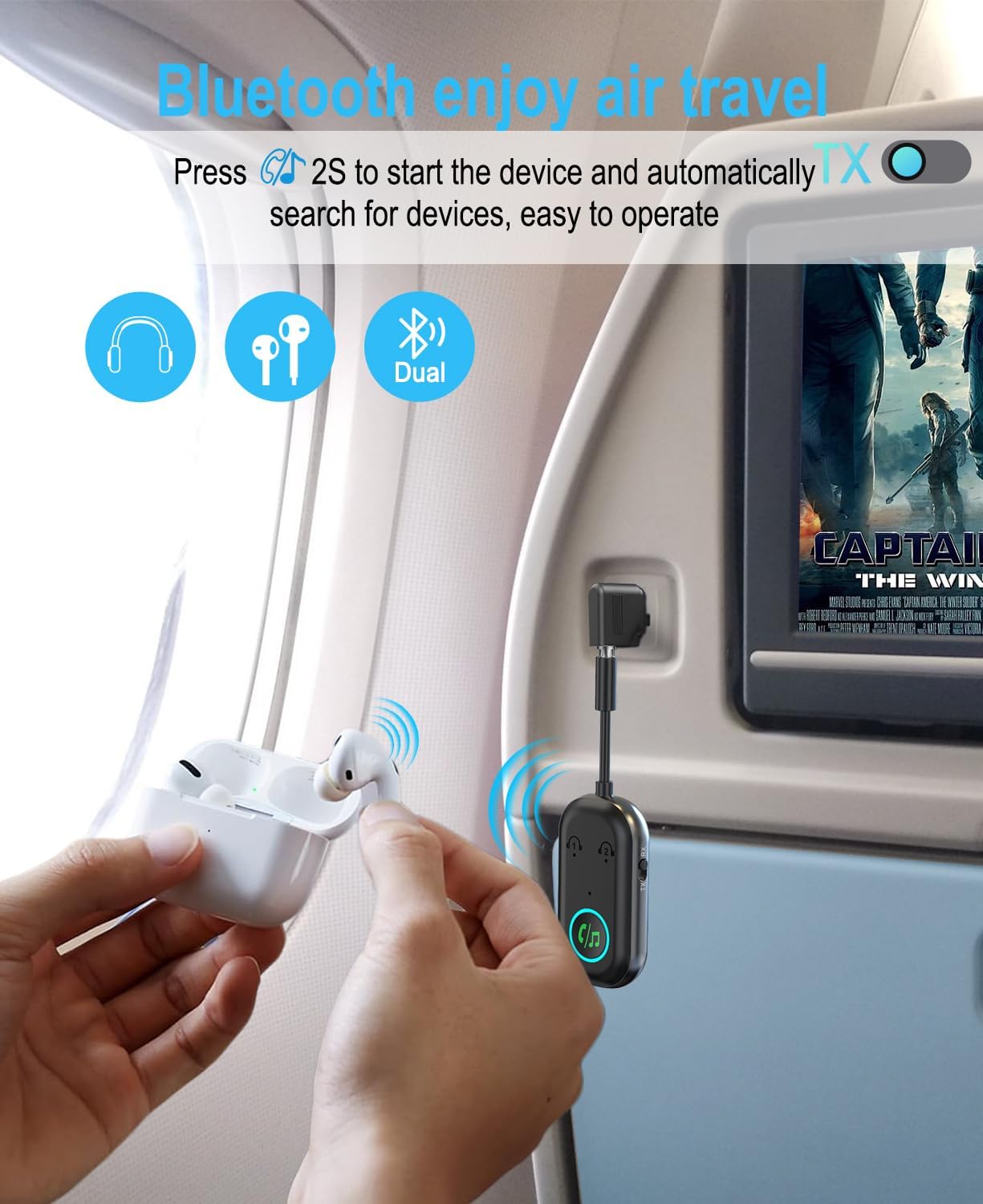 Bluetooth Transmitter Receiver 2-in-1 Adapter, Wireless Bluetooth Audio Adapter for Airplane, TV, Car, Headphones, 3.5MM Aux, Dual Pairing & Hands-Free Calling - 图片 4