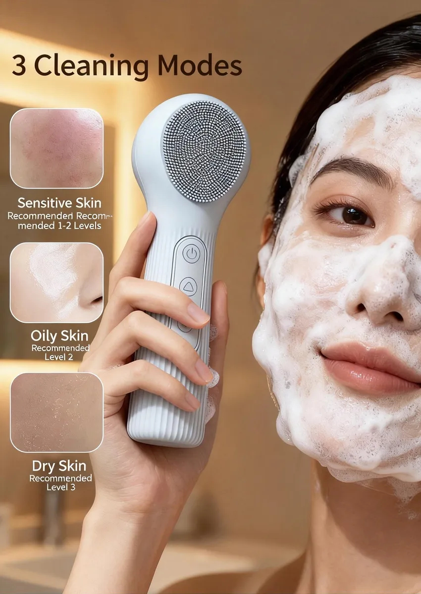 Silicone Face Scrubber, Rechargeable Electric Facial Cleansing Brush with 3 Modes, Zestha IPX7 Face Scrubber Exfoliator for Men & Women - 图片 4
